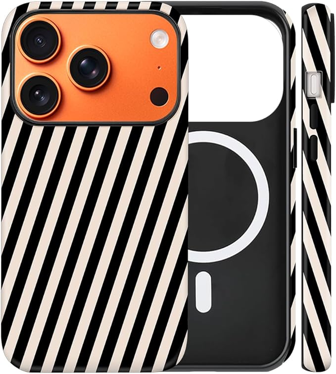 Magnetic for iPhone 17 Pro Max Case Cute Diagonal Stripes Phone Case, Shockproof Slim TPU and Hard PC Protective Phone Cover Compatible with MagSafe Designed for Women Girls,Black and White