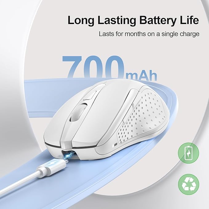 TECKNET Rechargeable Wireless Mouse, 2.4G Silent Quiet Click, 6 Adjustable 4800 DPI, Cordless Computer Mouse, Ergonomic Mouse for Laptop, 6 Buttons USB for Chromebook, Ergo Grip - White