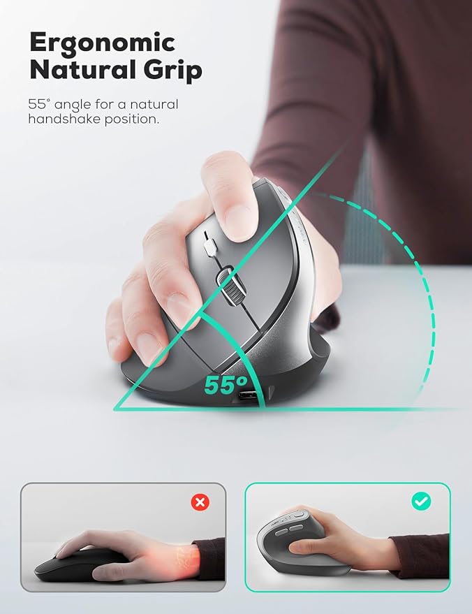 Nulea MD280 Ergonomic Vertical Wireless Mouse - Bluetooth & 2.4G Dual Mode, 4 Adjustable DPI 800/1200/1600/2400, Rechargeable, Silent Clicks, No Lag, 6 Buttons - Perfect for Laptop, Desktop Grey
