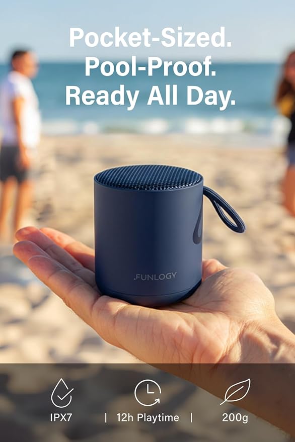 FUNLOGY Portable Mini2 Bluetooth Speaker, Wireless Portable Speaker with Deep Bass, IPX7 Waterproof, TWS Stereo Pairing, Built-in Mic, Small Speaker for Shower, Outdoor, Travel, Blue