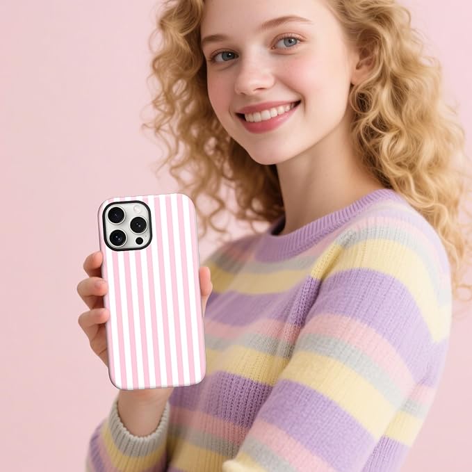 Magnetic for iPhone 14 Pro Case Cute Stripes Phone Case, Shockproof Slim TPU and Hard PC Protective Phone Cover Compatible with MagSafe Designed for Women Girls, Pink and White