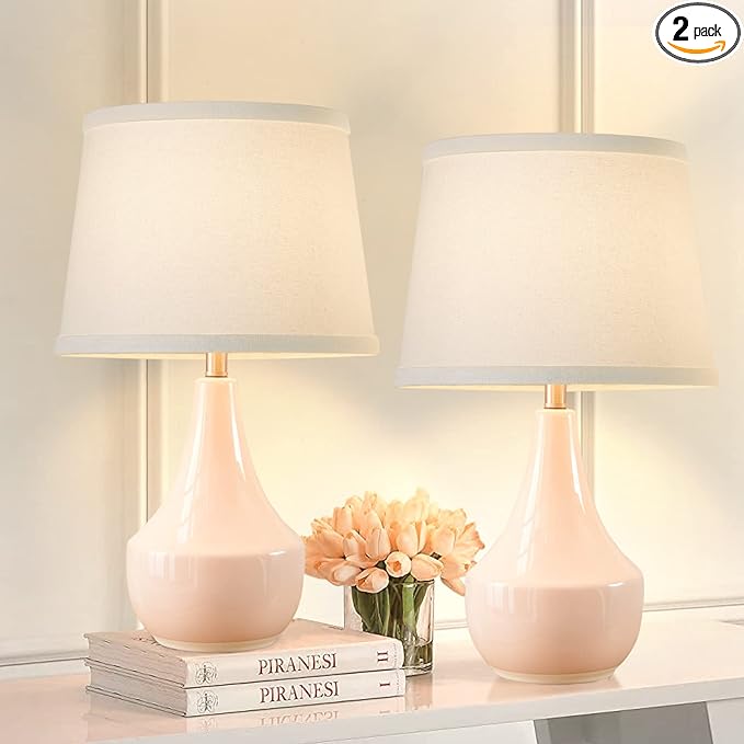 GyroVu 18" Table Lamp Set of 2, Ceramic Lamp Classic Beside Lamps Nightstand Lamp Modern Bedside Lamp for Living Room, Bedroom & Office Rocker Switch Pink-LED Bulbs Included