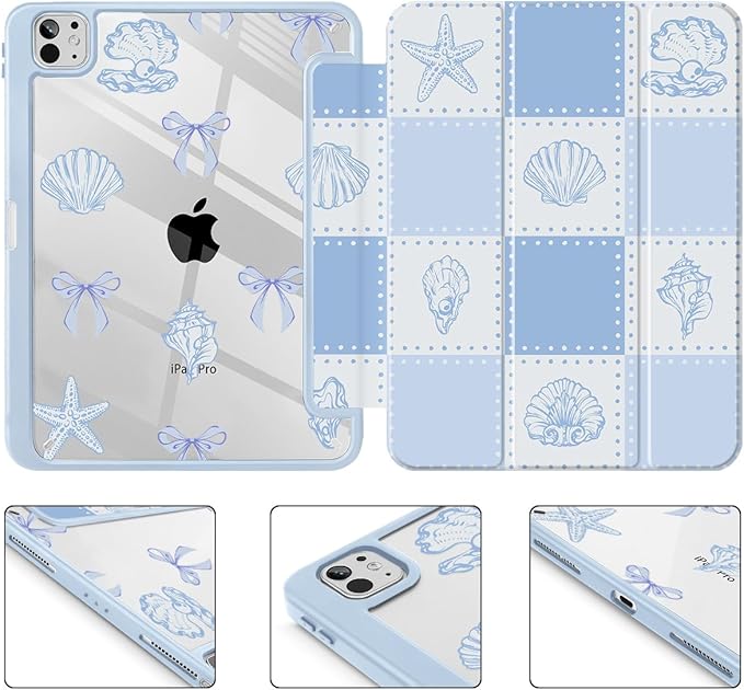 May Chen Case for iPad Pro 11-Inch M5/M4 2025/2024 (6th/5th Generation), [Penceil Holder] Trifold Stand Auto Wake/Sleep Clear TPU Protection Back Cover, Blue Checkered