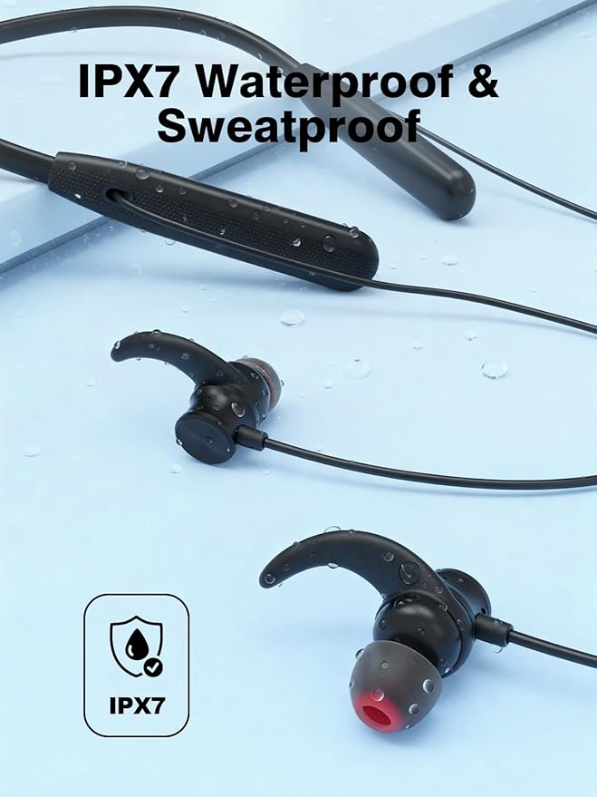 Rythflo Neckband Bluetooth Headphones, ENC IPX7 Sweatproof Sport Earbuds with AI-Enhanced Mic Vibration Call Alert, 50H Playtime Deep Bass Wireless Waterproof Earphones for Work Running Workout Gym