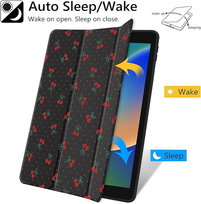 JOYLAND Cute Cherry Polka Dot Case for iPad Pro 11" 4th/3rd/2nd/1st Generation (2022/2021/2020/2018), Girly Clear Acrylic Hard Back Black Case with Pencil Holder Trifold Stand Tablet Cover