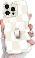 KANGHAR Compatible with iPhone 15 Pro Max Case, Support for MagSafe, Silicone Checkered Cute Pattern, Wristband Kickstand Camera Protection Soft Slim Cover for Girls Women -White