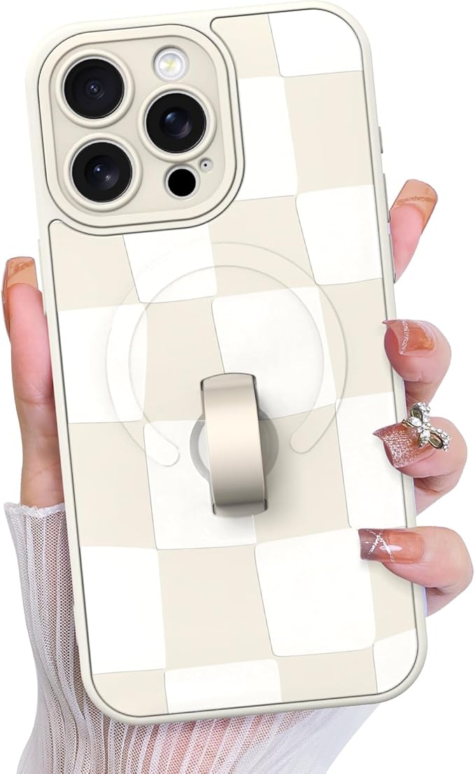 KANGHAR Compatible with iPhone 15 Pro Max Case, Support for MagSafe, Silicone Checkered Cute Pattern, Wristband Kickstand Camera Protection Soft Slim Cover for Girls Women -White