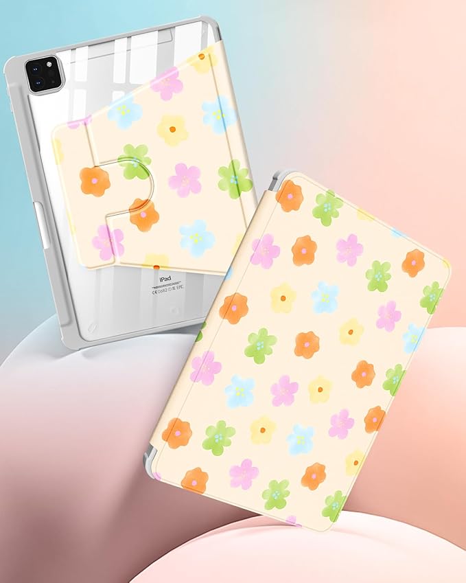Uppuppy for iPad Air 11 inch Case(Air M4 2026, 8th Gen/M3 2025/M2)/Air 5th/4th Gen 10.9", for iPad Pro 11 inch Case(4th/3rd/2nd/1st Gen) - 360 Rotating Smart Folio Cover with Pencil Holder, Flowers