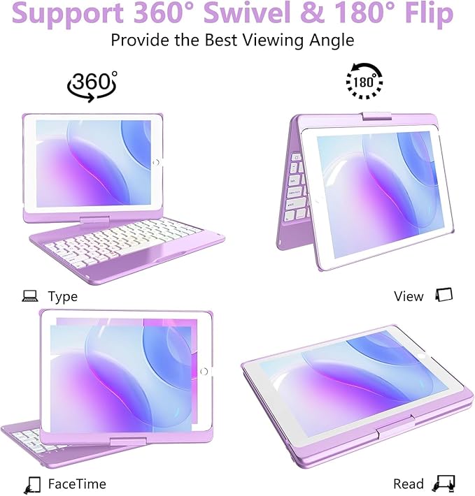 MMK iPad Keyboard Case for iPad 6th Gen 2018, iPad 5th Gen 2017, iPad Pro 9.7, iPad Air 2, iPad Air 1, Backlit 10 Color 360 Screen Rotation iPad Case with Keyboard, Auto Sleep/Wake (Purple)