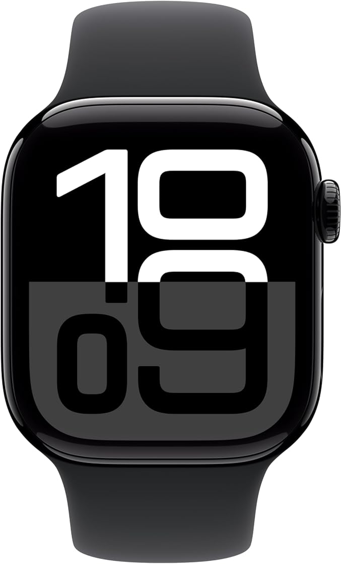 Apple Watch Series 10 [GPS 42mm case] Smartwatch with Jet Black Aluminum Case with Black Sport Band - S/M. Fitness Tracker, ECG App, Always-On Retina Display, Water Resistant