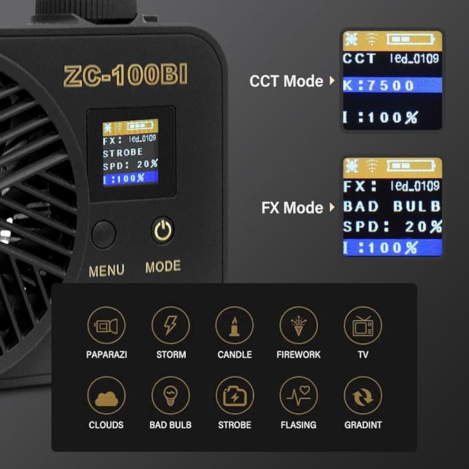 ZC-100BI 100W COB Video Light with Bowens Mount,10000Lux/m 2700K-7500K Bi-Color Camera Light with 10 Scenario Simulations Control Continuous Lighting for Photography (ZC-100 Balck MINI KIT)