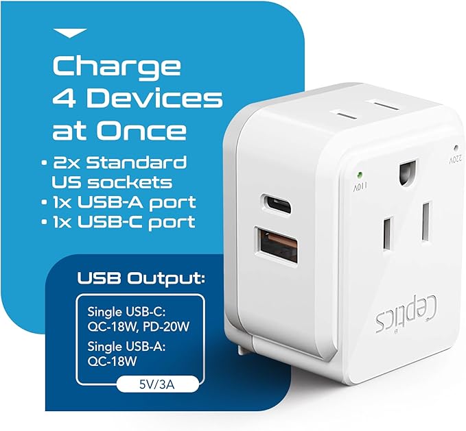 Ceptics Germany, Korea Travel Plug Adapter Set, 20W PD & QC, Safe Dual USB & USB-C - 2 USA Socket - Use in Schuko, France, Russia, Netherlands - Includes Type E/F SWadAPt Attachments
