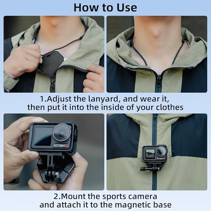Magnetic Chest Mount for Action Camera with Neck Strap,360° POV Invisible Selfie Necklace Lanyard Mount Compatible with GoPro Hero 13 12 11 10 9, Insta360, DJI Action 6/5 Pro/4/3