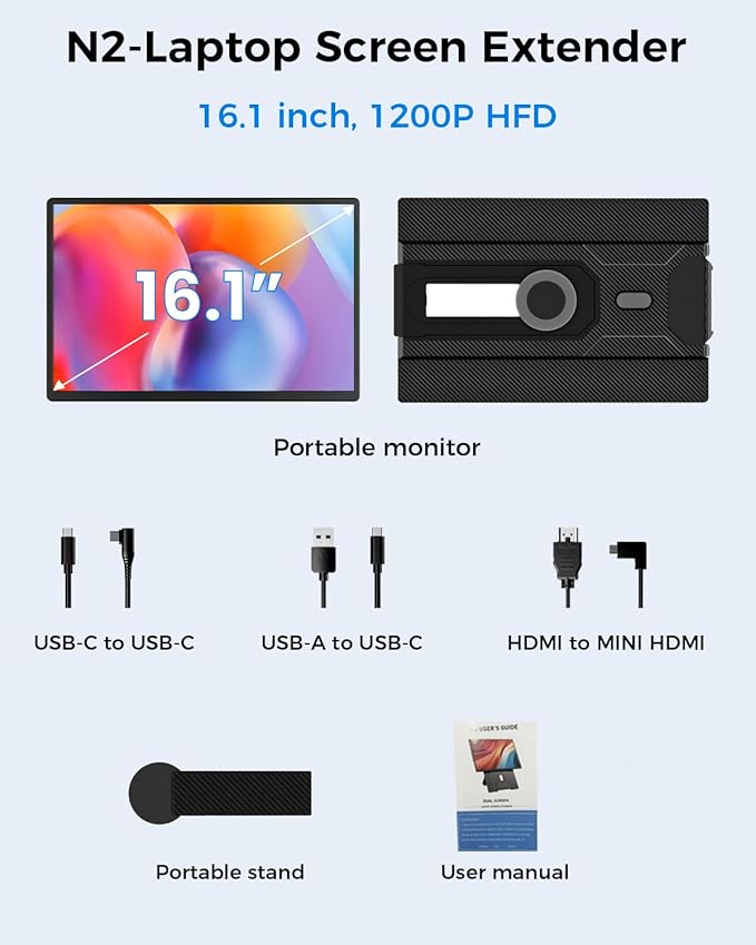 Cevaton Laptop Screen Extender, 16.1" FHD 1200P Portable Monitor for Laptop with Magnetic Detachable Stand, 360° Rotatable Borderless Screen, Plug & Play, Compatible with Windows Mac