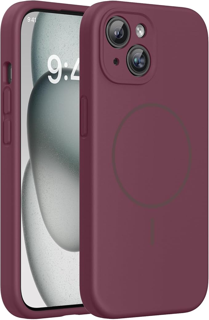 Miracase Magnetic for iPhone 15 Plus Case, [Soft Anti-Scratch Microfiber Lining], Magnetic for MagSafe, Liquid Silicone Shockproof Drop Protection Phone Case for 15 Plus, Wine Red