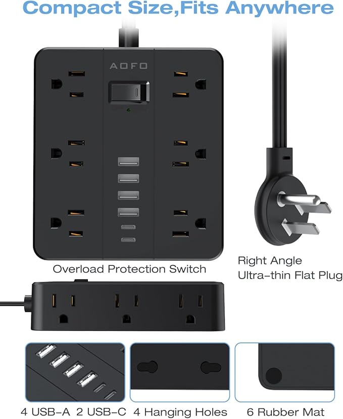 20FT Surge Protector Power Strip,12 AC Outlets with 6 USB Ports (2 USB-C), Flat Plug Extension Cord with Multiple Outlets, Wall Mount for Home Office,Dorm,Black