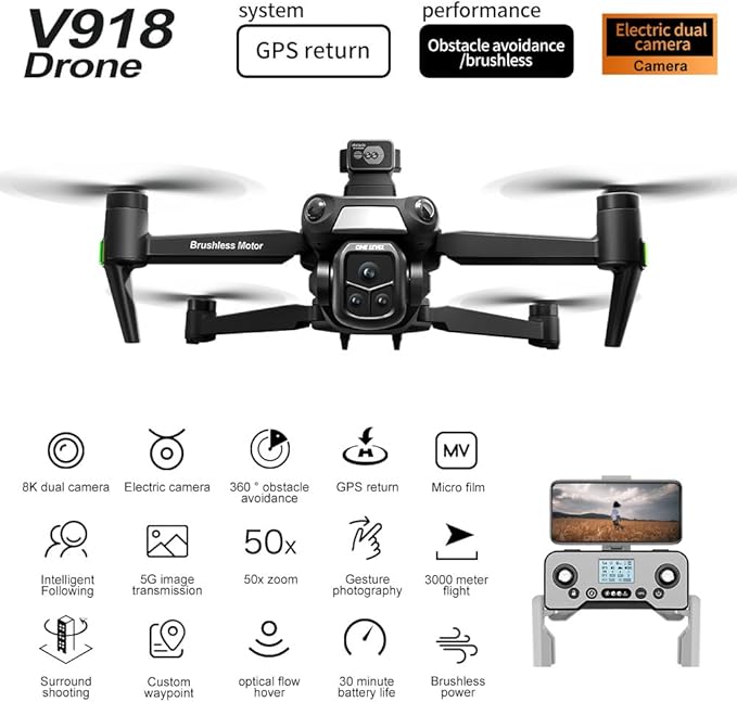 GPS Drone with 4K HD Camera for Adults, RC Drones with 360° Obstacle Avoidance, Headless Mode, Auto Return, Circle Fly and Follow Me, Lightweight Foldable Under 250g Drones V918 Mini RC Quadcopter for Beginners Cool Birthday Gifts