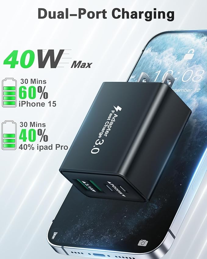 USB C Charging Block, 40W USB C Wall Charger 4-Port Dual Port PD Power Adapter+QC USB C Wall Plug Multiport Type C Charger Block Fast Charging Block for iPhone 16/15/14/13/12/11/Pro Max/XS, Samsung