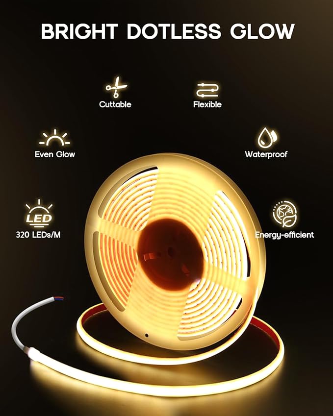 COB LED Strip Lights Warm White 3000K,12V 32.8ft IP67 Waterproof High CRI 95Ra+ Super Bright,Flexible Boat Lights for Fishing Night Outdoor Bathroom Swimming Pool(Power Supply Not Included)