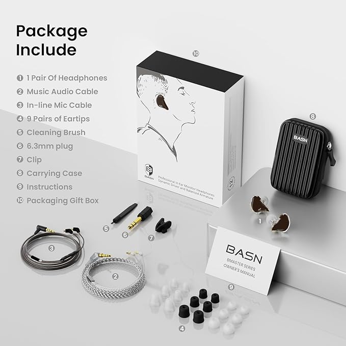 BASN in Ear Monitor Headphones, Triple Driver IEM Earphones with Powerful Bass, Noise Isolation HiFi Stereo Wired Earbuds for Musicians Singers Drummers (Earth)