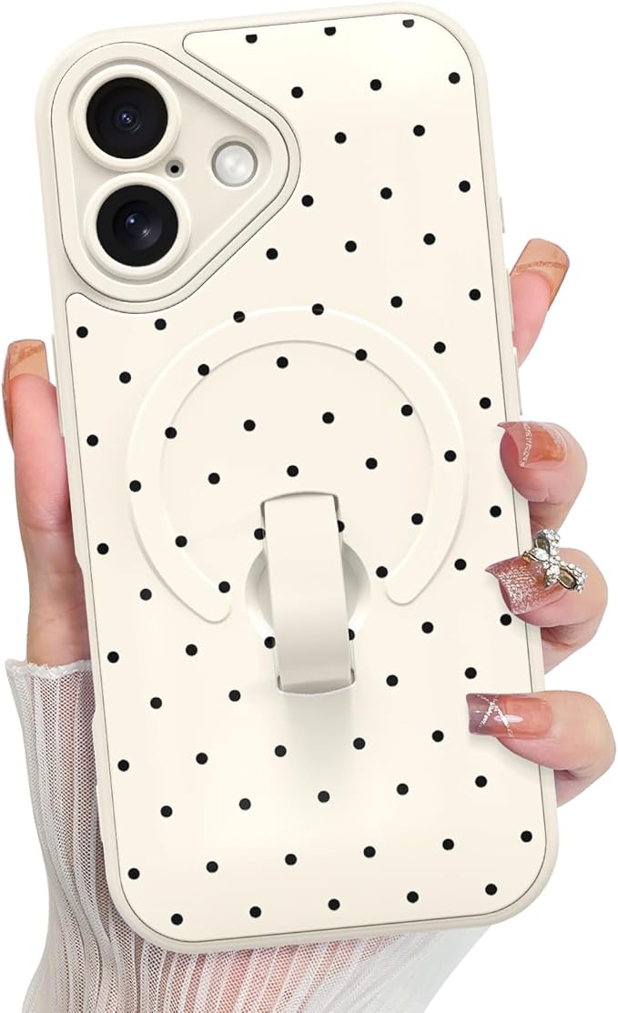 KANGHAR Compatible with iPhone 16 Case, Support for MagSafe, Silicone Spot Cute Pattern, Wristband Kickstand Camera Protection Soft Slim Cover for Girls Women -White