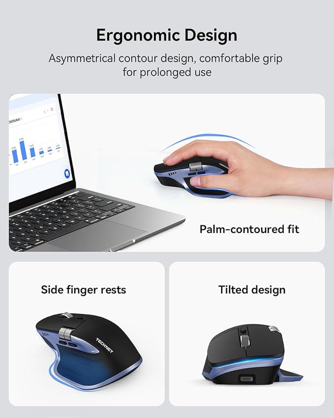 TECKNET Wireless Mouse, Bluetooth Mouse (BT5.3/5.0 & 2.4G) Rechargeable Ergonomic Optical Mouse with 6 Adjustable DPI, Side Scroll, USB A Receiver, 7 Buttons, Wide Compatibility - Black & Blue