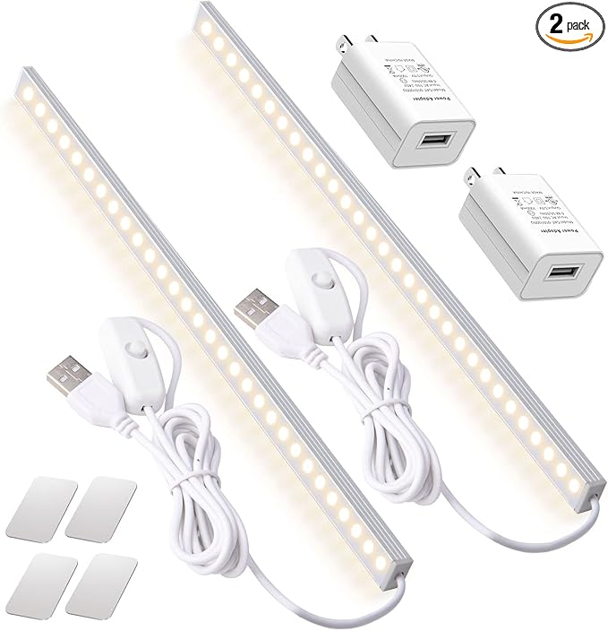 DWEPTU 2Pack LED Under Cabinet Light LED Light Bar with USB Powered Under Cabinet Lights for Closet Light Bar Under Counter Lighting Work Tables Student Dormitory (Include AC Plug)