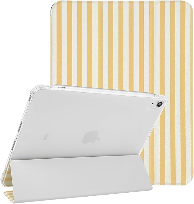 Lovmooful Compatible for iPad Air 6th 11-inch M2 (2024),iPad Air 5/4 (2022/2020 5th/4th Generation 10.9-Inch) Case with Pencil Holder Cute Striped Design Soft TPU Trifold Stand Protective-Yellow