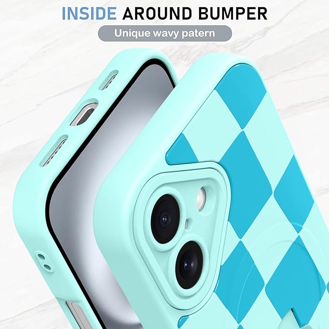 KANGHAR Compatible with iPhone 16 Case, Support for MagSafe, Silicone Checkered Cute Pattern, Wristband Kickstand Camera Protection Soft Slim Cover for Girls Women -Blue