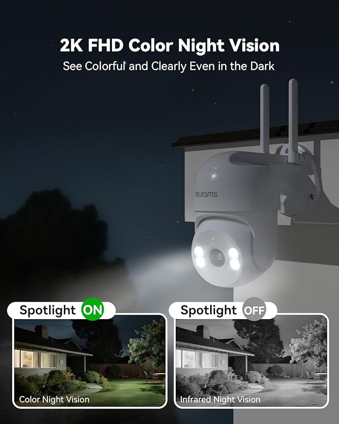 blurams 2Pack Security Cameras Outdoor Wired, 2K 360° PTZ Outdoor Security Camera, Weatherproof, 24/7 Recording with SD Card, Color Night Vision, AI Human Tracking, 2.4/5GHz WiFi6, Work with Alexa