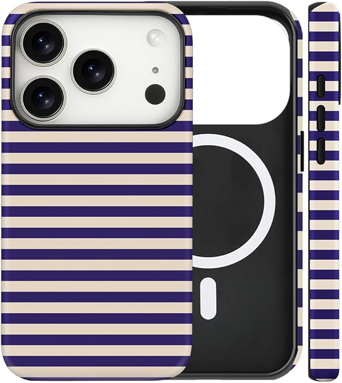 Magnetic for iPhone 17 Pro Case Cute Stripes Phone Case, Shockproof Slim TPU and Hard PC Protective Phone Cover Compatible with MagSafe Designed for Women Girls, Blue&Apricot