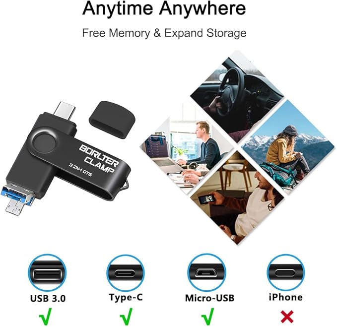 128GB 3 in 1 USB 3.0 Flash Drive Photo Stick for Android Phones, BorlterClamp OTG Memory Stick with 3 USB Ports (USB C, microUSB, USB A) for Samsung Galaxy, LG, Tablets, PC and More, Black