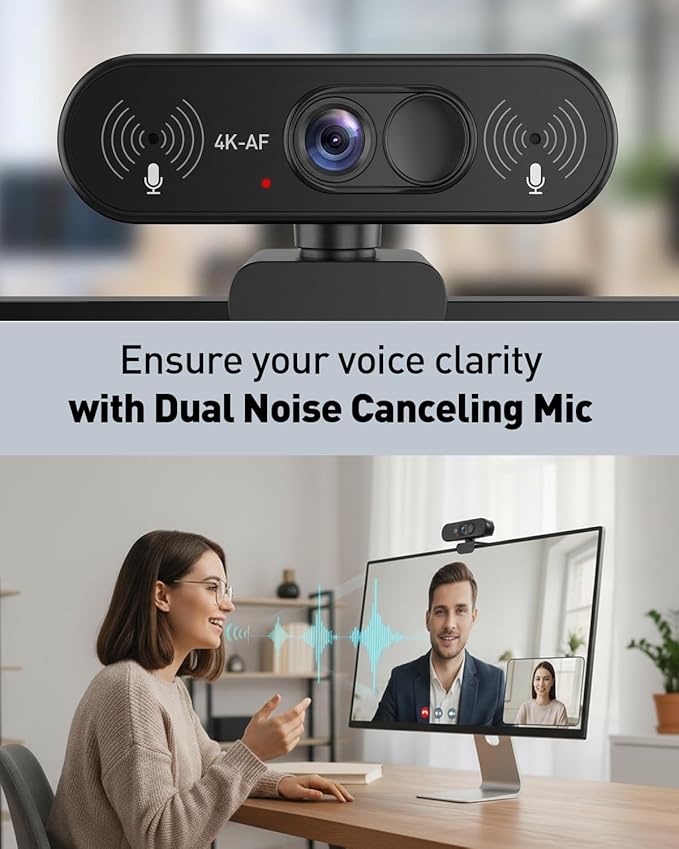 Webcam 4K UHD with Autofocus Lens, Crystal Clear Microphone, Privacy Cover, Extendable Tripod, for PC,Laptop, Zoom,Teams,Windows,MacOS