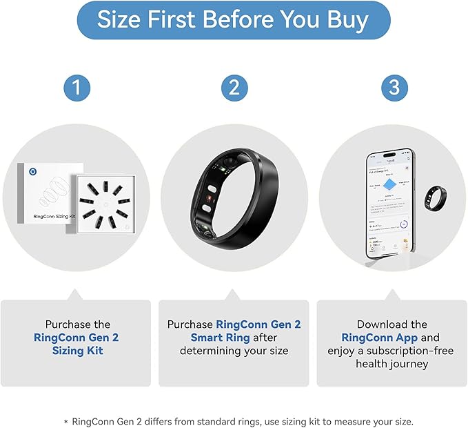 RingConn Gen 2, World’s First Smart Ring with Sleep Apnea Monitoring, No APP Subscription, 12-Day Battery Life, Stress/Heart Rate/Women's Health Tracker, Android & iOS Compatible (Black, Size 6)