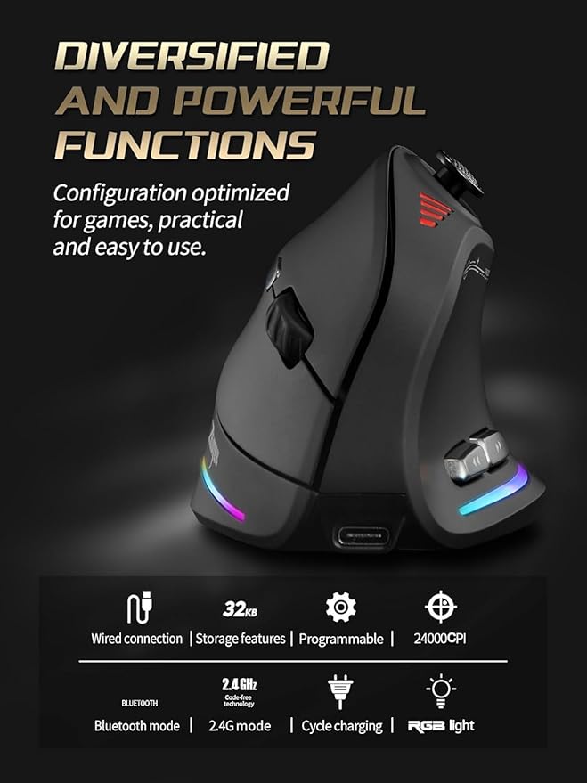 JOMAA Triple Mode Wireless Gaming Mouse - 24000 CPI, Bluetooth 5.0, 2.4GHz, Wired RGB Ergonomic Mouse with 12 Programmable Buttons for laptops, Desktop Computers, Tablets