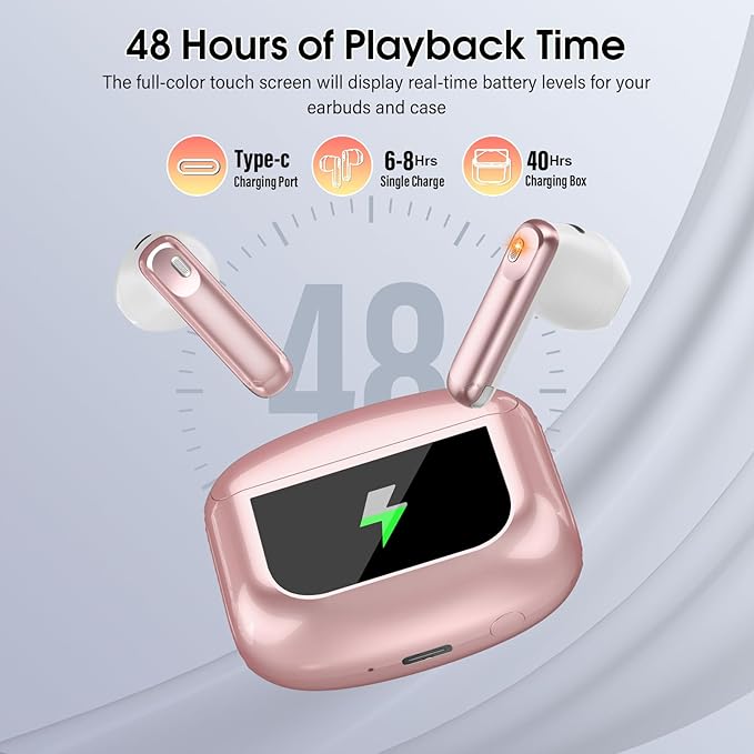 Wireless Earbuds, Bluetooth 5.4 Headphones with Multifunctional Touch Screen, 48H Hi-Fi Stereo Ear Buds with ENC Noise Cancelling Mic/5 EQ Modes Earbuds, IPX7 Earphones for iOS Android Rose Gold