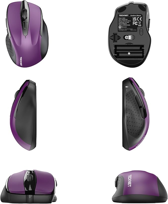 TECKNET Wireless Mouse, 2.4G Ergonomic Optical Mouse, Computer Mouse for Laptop, PC, Computer, Chromebook, Notebook, 6 Buttons, 24 Months Battery Life, 2600 DPI, 5 Adjustment Levels - Purple