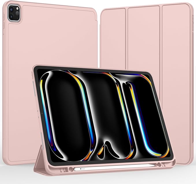 iMieet Case for iPad Pro 11 Inch (M5) 2025 /(M4) 2024 5th Gen, Trifold Stand Smart Cover with Pencil Holder and Soft TPU Back, Auto Wake/Sleep (Rose Pink)