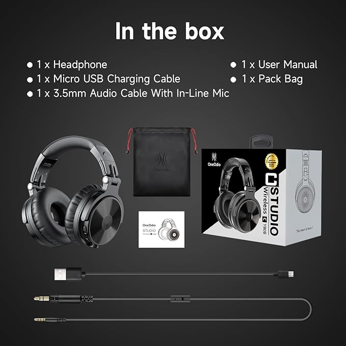 OneOdio Bluetooth Over Ear Headphones, 110 Hrs Wireless/Wired Stereo Sound Foldable Headsets with Deep Bass 50mm Neodymium Drivers for PC/Computer/Podcast- Studio Wireless Pro C, Black
