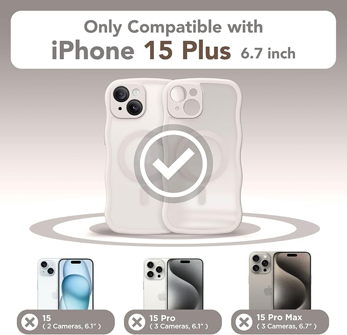 CAPRARO Cute for iPhone 15 Plus Case, Compatible with MagSafe, [Curly Wave Edge] [Full Camera Protection] [14 FT Drop Protection] Magnetic Phone Case for 15 Plus 6.7 Inch, Stone