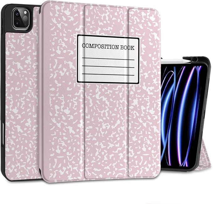 MEEgoodo for iPad Pro 12.9 Case M2 6th/5th/4th/3rd Generation 2022 2021 2020 2018 with Pencil Holder, Tablet Cover with Soft TPU Back Shell, Pink Composition Book