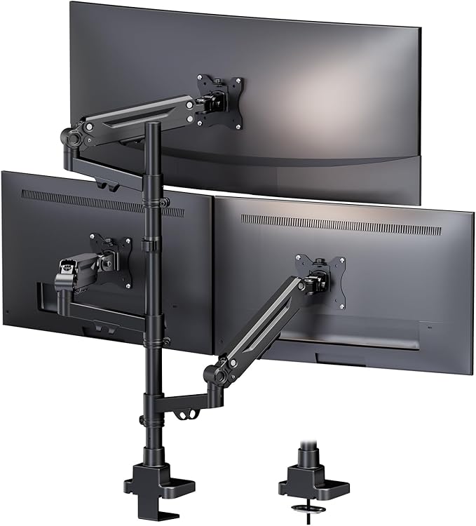Triple Monitor Mount for up to 35-inch Screens – Heavy Duty Ultrawide Stand with Fully Adjustable, 12kg Gas Spring Arm (Each), VESA 75×75/100×100 mm, Black