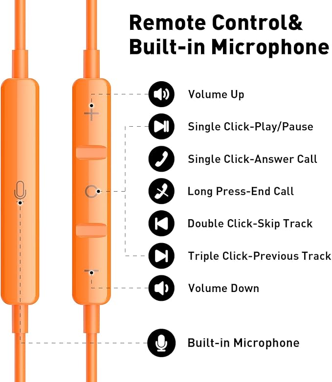 USB C Headphones Wired Type C Earphones for Samsung/Galaxy S26 S25 S24 Plus S23 S22 S21 S20 Ultra Magnetic Corded Earbuds for iPhone 15 Pro Max 16 16e 17 17e Air for Apple/Android Ear Buds Orange