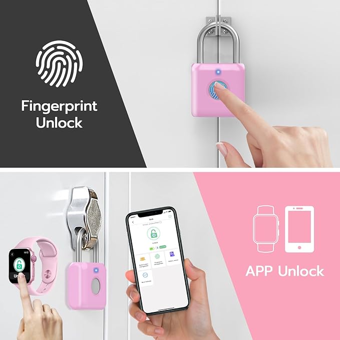 Fingerprint Padlock eLinkSmart Gym Locker Lock for Girls Women with Phone App iOS Watch Metal Keyless Combination Locks for School Sports Locker Toolbox Hasp Storage Pink