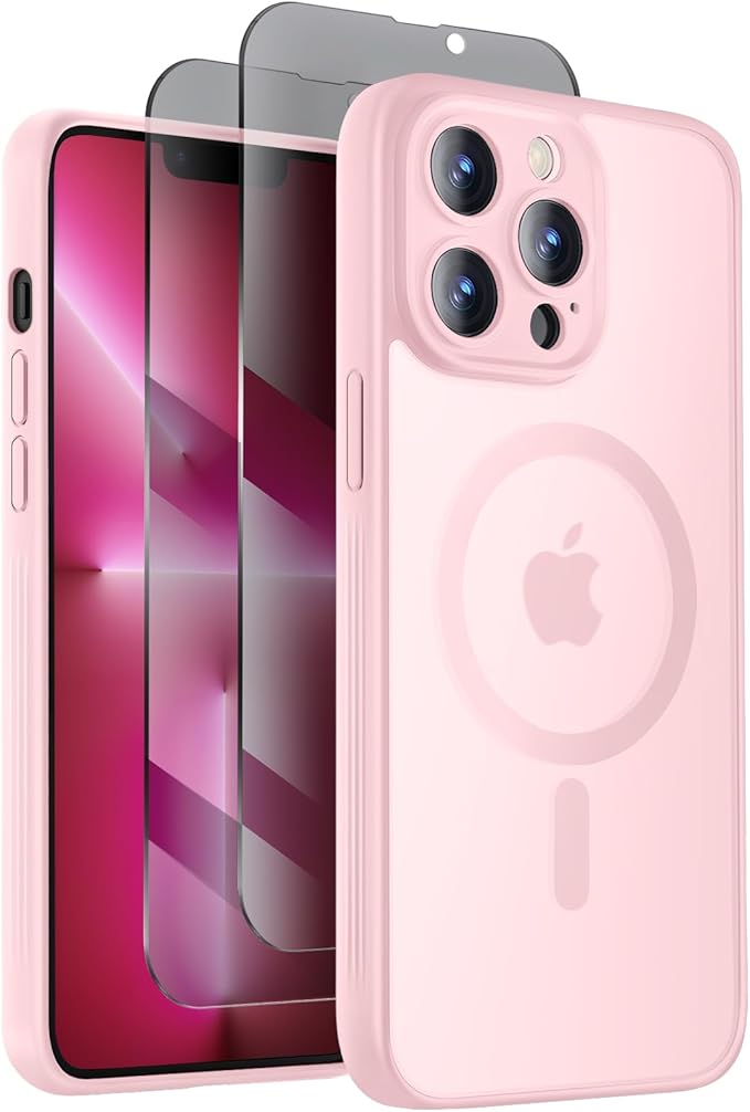 Symcele Designed for iPhone 13 Pro Case, Compatible with MagSafe, with Privacy Screen Protectors X2, [Camera Protection] [15FT Military Drop Protection] Shockproof Phone Case, 6.1", Pink