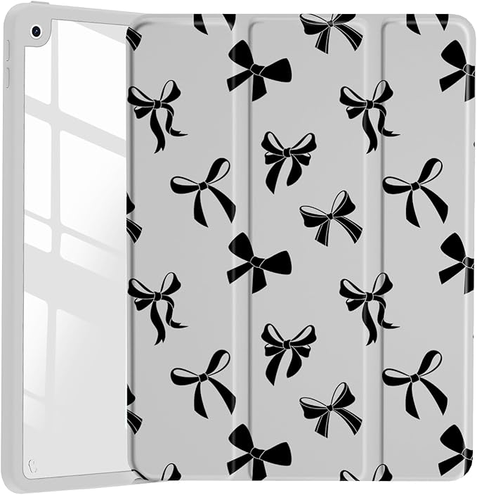 JOYLAND Cool Black Ribbon Bowknot Case for iPad (A16) 11th Gen 2025 11-inch/10th Gen 2022 10.9 inch, Clear Acrylic Hard Back Grey Case with Pencil Holder Trifold Stand Tablet Cover for Women