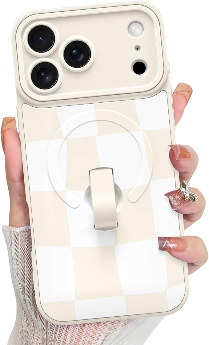 KANGHAR Compatible with iPhone 17 Pro Case, Support for MagSafe, Silicone Checkered Cute Pattern, Wristband Kickstand Camera Protection Soft Slim Cover for Girls Women -White