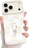 KANGHAR Compatible with iPhone 17 Pro Case, Support for MagSafe, Silicone Checkered Cute Pattern, Wristband Kickstand Camera Protection Soft Slim Cover for Girls Women -White