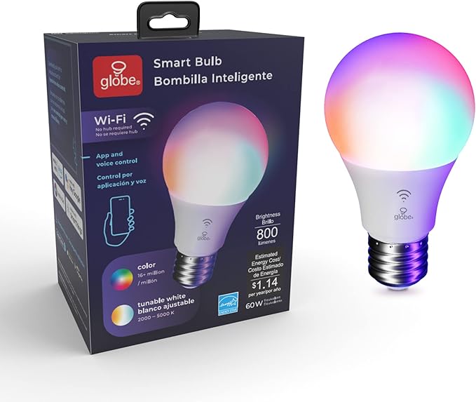 Globe Electric Wi-Fi Smart 10W LED Bulb, Multicolor RGB + Tunable White 2000K–5000K, A19 Shape, E26 Base, App + Voice Control, No Hub Required, 34212