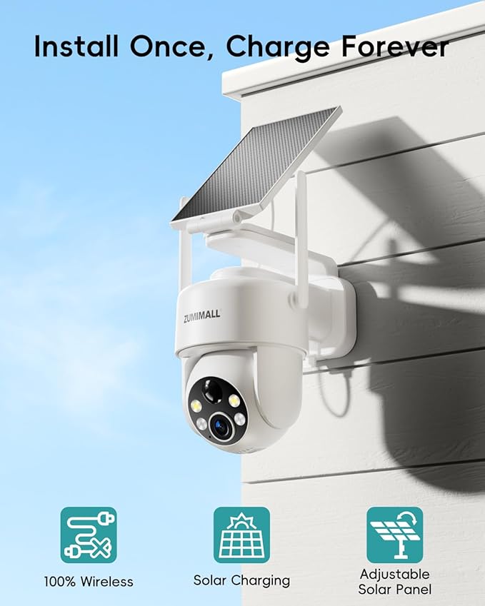 ZUMIMALL 2K Solar Security Cameras Wireless Outdoor, 360° PTZ Camera for Home Security with Color Night Vision, Flexible Mount, PIR Motion, 2-Way Talk, Free Cloud Storage, Compatible with Cloudedge